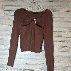 Kendall & Kylie Cutout Long Sleeve Ribbed Knit Top Women's S Brown NWT